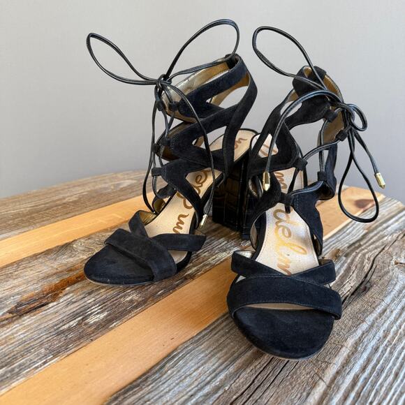Sam Edelman Yardley black suede strappy heeled sandals - lace up - size 9.5 - Picture 1 of 8
